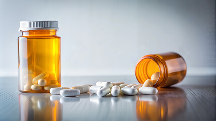 Prescription pill bottles and scattered tablets on reflective surface.