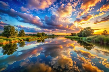 Fototapeta premium Enchanting landscape with magical sky reflection on river