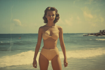 A woman in a bikini is standing on the beach during a hot summer day. Looking into the camera, old style