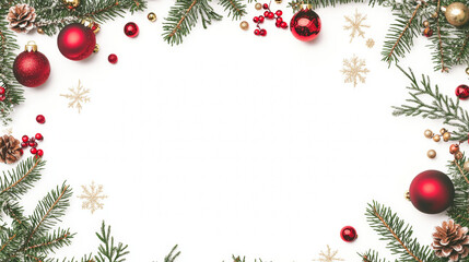 3D christmas tree ornaments christmas wreath balls pine berries red green white background. close up fashion graphic design material with copy space