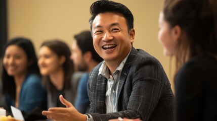 An Asian leadership coach teaching a diverse group of professionals interpersonal relationship skills for effective leadership.