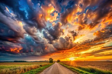 Epic cloudy sunset or sunrise landscape background with leading lines