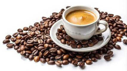 Espresso essence cup of rich coffee with scattered beans on white background extreme close-up