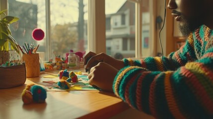 A person crafts colorful pom-poms and art supplies on a sunlit table by a window.