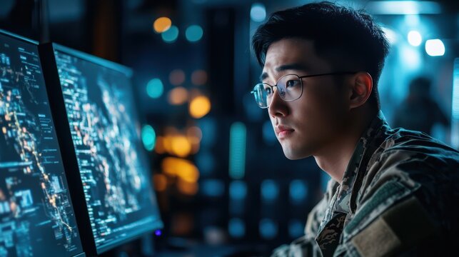 An Asian military officer overseeing online exams for a diverse group of soldiers, emphasizing inclusivity and equal opportunity in training. - Powered by Adobe