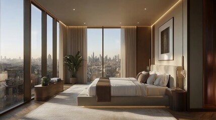 Fototapeta premium Modern Bedroom with City Skyline View and Minimalist Design