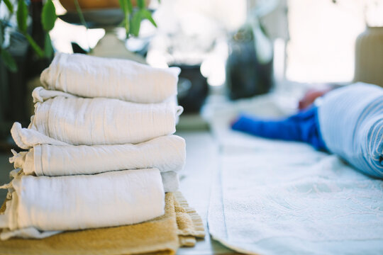 Reusable diapers stack on table
