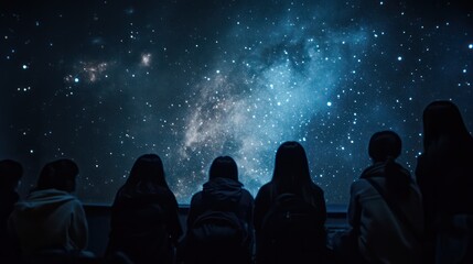 Naklejka premium An Asian photographer teaching a diverse group of students how to create starry night sky timelapse videos, focusing on techniques and inclusivity.