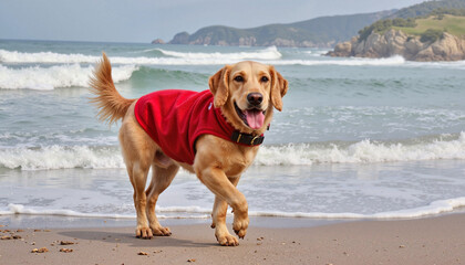 Golden Retriever wearing red jacket running on the beach by the ocean