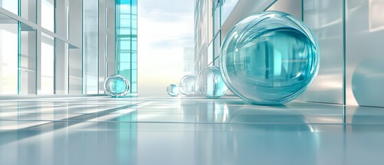 A room with a blue ball and other balls in the background. The room is very clean and the blue ball is the main focus