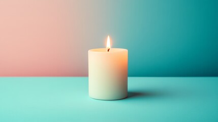 A single white candle burning brightly on a teal surface with a pink and teal background.