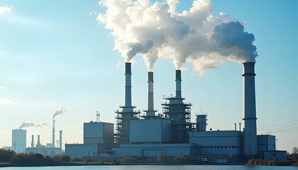 Industrial plant with smoking pipes under blue sky and sunlight
