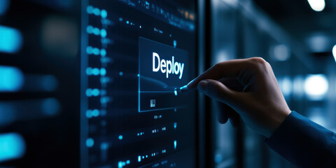 A hand poised over a digital interface ready to trigger a deployment, symbolizing the integration of technology in modern software development processes.