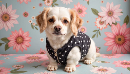 Dog in polka dot sweater with floral wallpaper backdrop, stylish pet