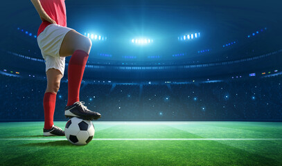 Naklejka premium Soccer player in the stadium. An imaginary stadium is modelled and rendered.