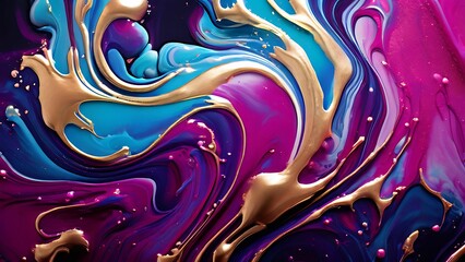 Luxurious marble texture with gold accents in bright blue and pink abstract fluid painting_065