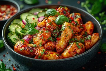 Fototapeta premium Glazed Chicken with Cucumber, Red Onion, and Basil in a Black Bowl