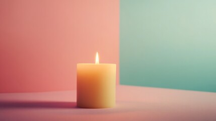 A single, burning candle stands on a pink surface with a light blue wall behind it.