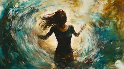 Dramatic abstract art, woman or girl in emotional distress or feeling intense emotions, landscape format with copy space for text.