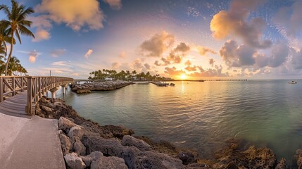 beautiful view at dusk at footbridge on beach