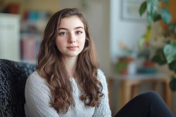 Obraz premium A high school girl sitting on the couch in her living room, wearing black leggings and white sweater with long brown hair.