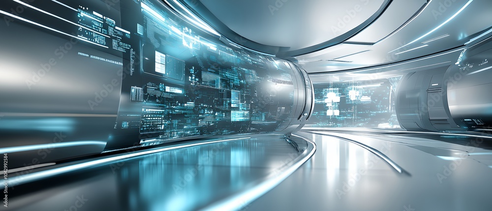 Canvas Prints a futuristic space with a large, empty room with a blue background. the room is filled with computer