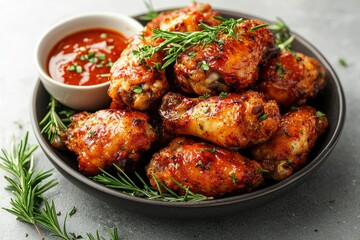 Fototapeta premium Glazed Chicken Wings with Rosemary and Dipping Sauce