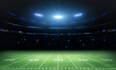 American Football Stadium at night with empty field. The imaginary American Football Stadium is modelled and rendered.