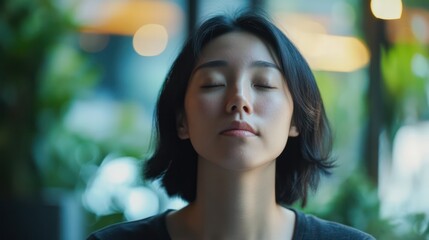 Obraz premium An Asian woman practicing breathing exercises for anxiety treatment, in a culturally diverse and tranquil atmosphere.
