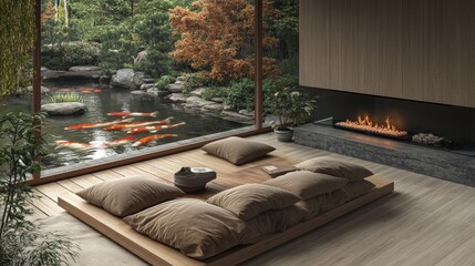 A cozy Japandi living room with a low wooden sofa