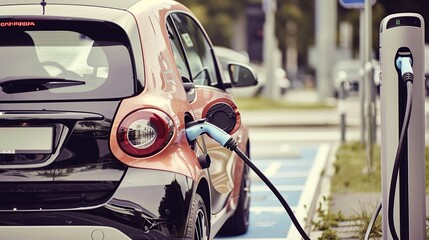 An EV hybrid car being charged next to a car charging machine