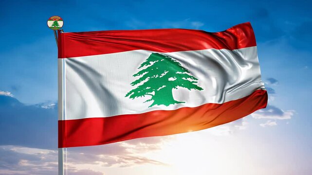 Observe Lebanese national flag gently waving wind visible wrinkles blue sky background seamless loop rendered digitally create smooth texture stunning 4K resolution lebanon nation country