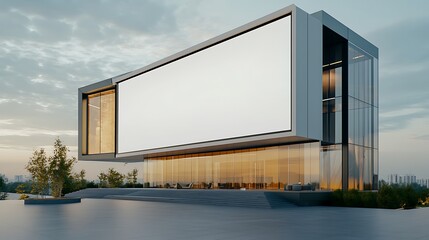 Obraz premium Light box display on the side of a futuristic building A horizontal light box display mounted on the exterior of a sleek, futuristic glass building.