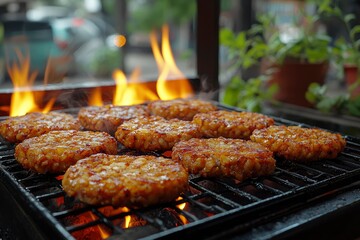 Close-up of Grilled Tempeh Patties on a Hot Grill with Flames