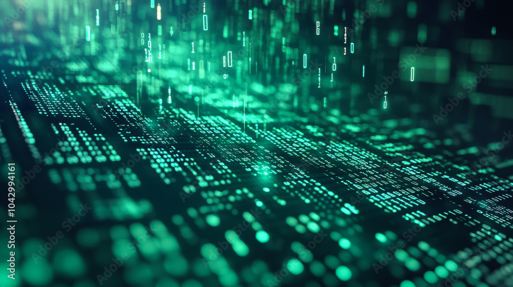 Poster abstract digital background depicting glowing binary code in green hues representing technology and 