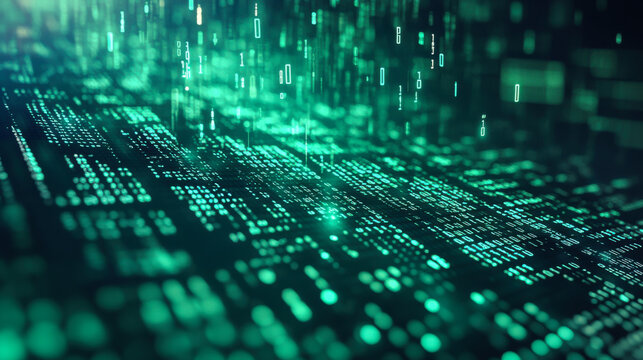 Abstract digital background depicting glowing binary code in green hues representing technology and data processing