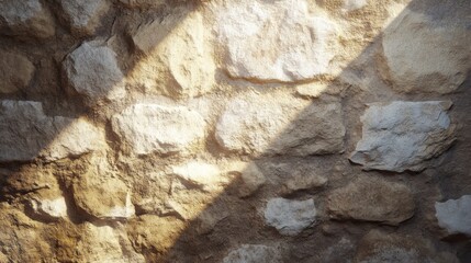 Naklejka premium A close-up of a rough stone wall with diagonal rays of light shining through.