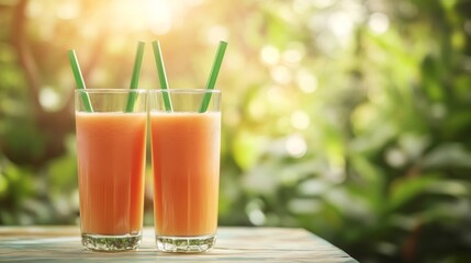Fototapeta premium Two glasses of refreshing orange juice with straws on a wooden table in a sunny garden.