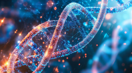 Visual representation of DNA helix illuminated by blue and pink lights showcasing intricate structure and scientific significance in biotechnology