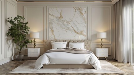 Classic bedroom furniture in classic interior. White Furniture Set In 3d Rendering Background