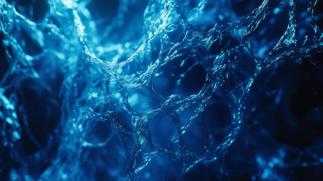 A close-up view of intricate blue microscopic structures resembling interconnected neural networks in a dynamic environment