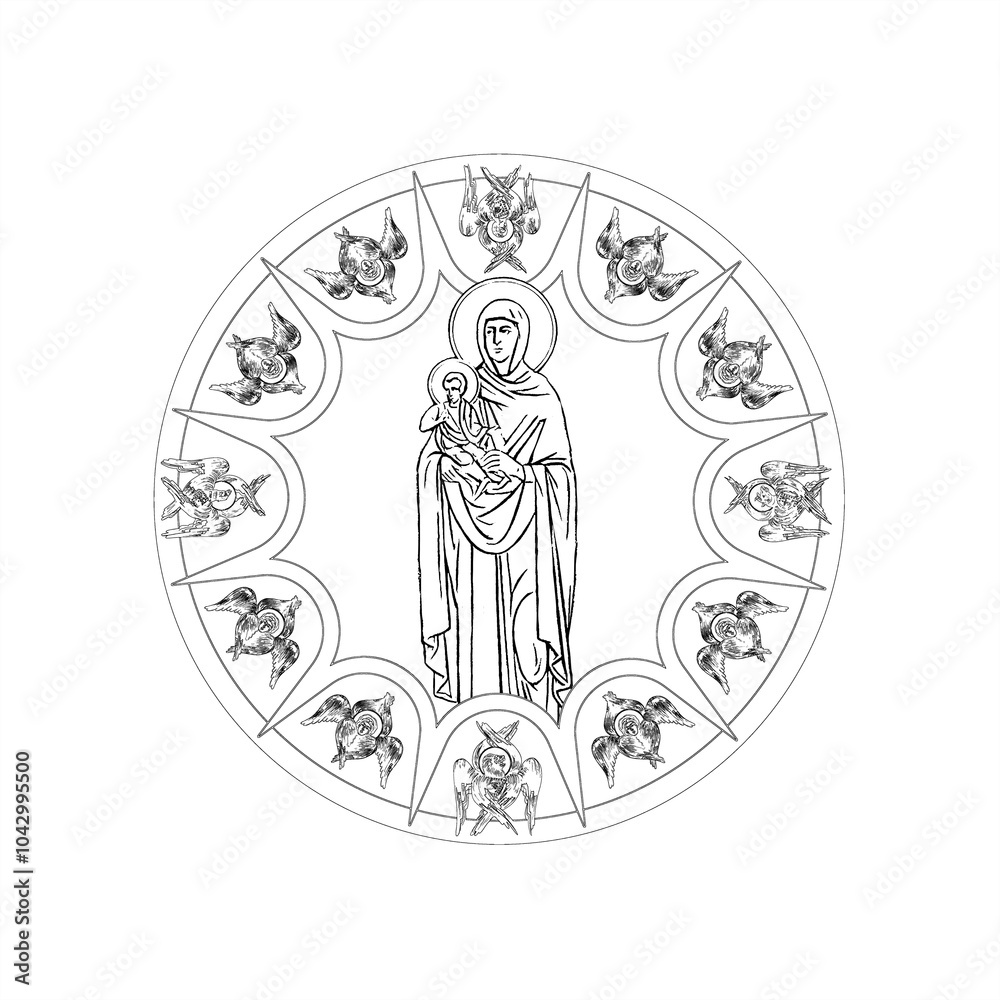 Wall mural Saint Elizabeth (name english) sky round dome with 4 apostles and seraphim. Coloring page in Byzantine style