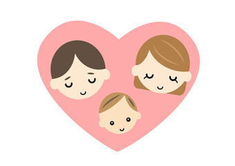 ハートの中の赤ちゃんと安らいだ表情のパパとママ