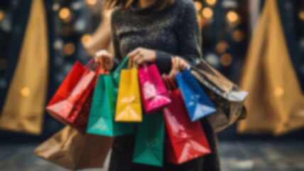 Blur image of woman carrying a shopping bags. Concept of buying and selling, sales and discounts. Bokeh for background usage.