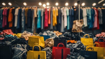 Obraz premium Blur image boutique sale - scattered shopping bags. Concept of buying and selling, sales and discounts. Bokeh for background usage.