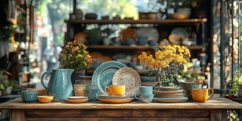 Naklejka premium Vintage dishes and cups on display in cozy thrift store environment