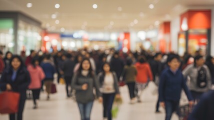 Blur image of people in shopping center. Concept of buying and selling, sales and discounts. Bokeh for background usage.