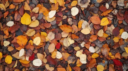 A surface densely covered with autumn leaves of various shapes and colors, filling every inch of the frame with a warm, seasonal texture.