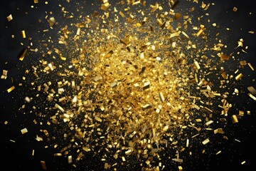 Explosion of gold confetti on a black background extreme close-up