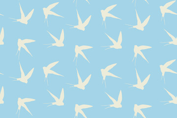 Seamless pattern with swallow silhouette on color background. Cute bird in flight. Vector illustration.  Doodle style. Design for invitation, poster, card, fabric, textile